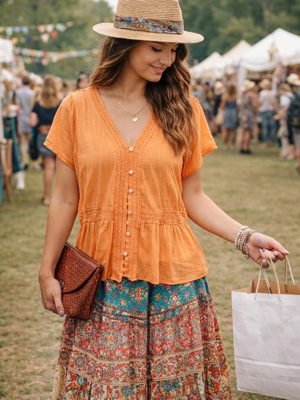 Cato Woman Tangerine Orange Blouse Pleated Back Front Buttons Lace Accent
